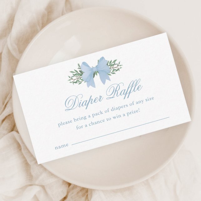 Elegant Blue Bow Boy Shower Raffle Tilläggskort (Elegant blue bow greenery baby shower diaper raffle enclosure cards.)