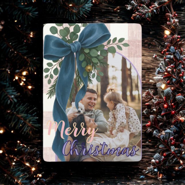 Elegant Blue Bow Christmas Two Photo Holiday Card Julkort (Skapare uppladdad)