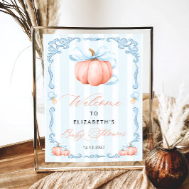 Elegant Blue Bow Cute Pumpkin Baby Shower Poster