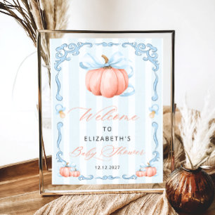 Elegant Blue Bow Cute Pumpkin Baby Shower Poster