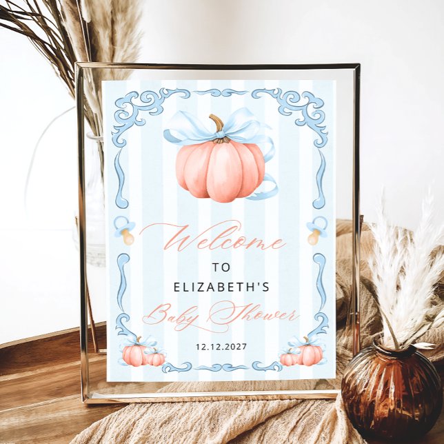 Elegant Blue Bow Cute Pumpkin Baby Shower Poster (Skapare uppladdad)