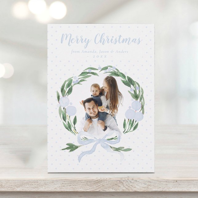 Elegant Blue Bow Garland Utandning Foto jul Ho Julkort (Skapare uppladdad)