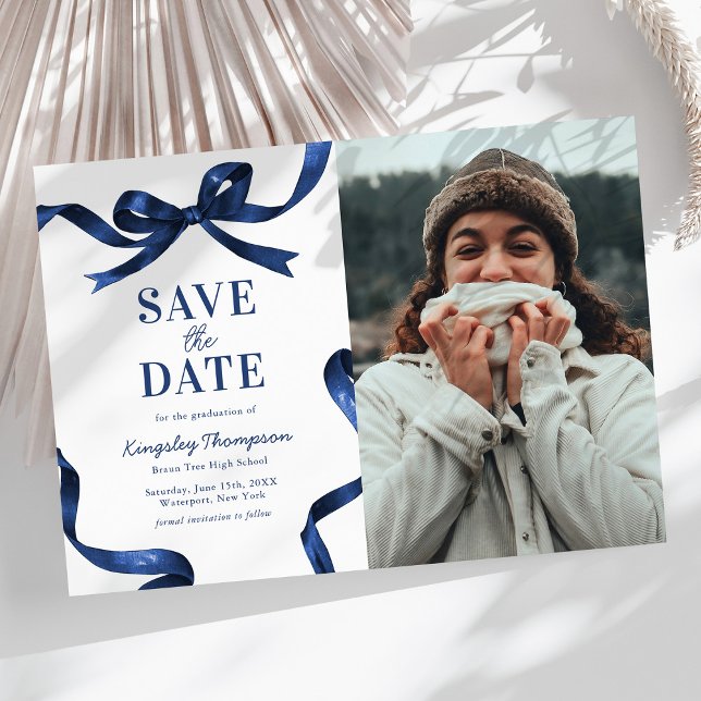 Elegant Blue Bow Graduation Save the Date Spara Datumet (Skapare uppladdad)
