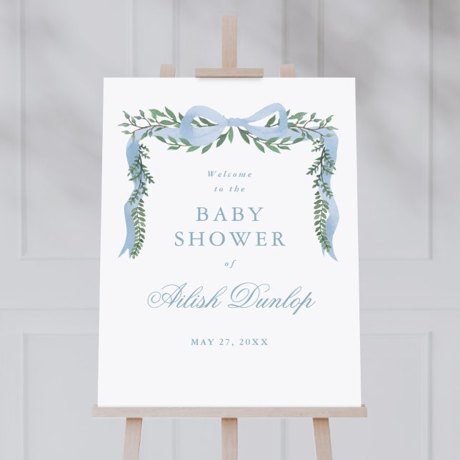Elegant Blue Bow Greenery Boy Baby Shower Välkomme Poster (Elegant blue bow baby shower welcome poster. Available as a  printed poster or an instant download. )