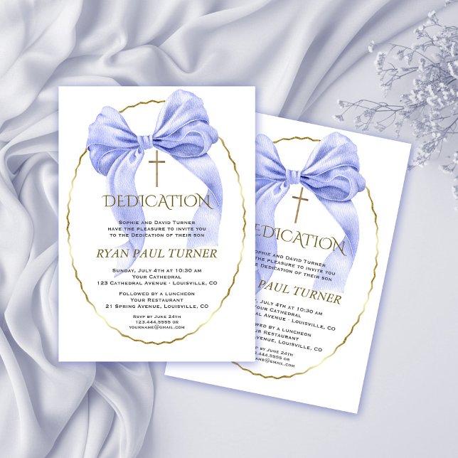 Elegant Blue Bow Guld Boy Dedication Inbjudningar (Skapare uppladdad)