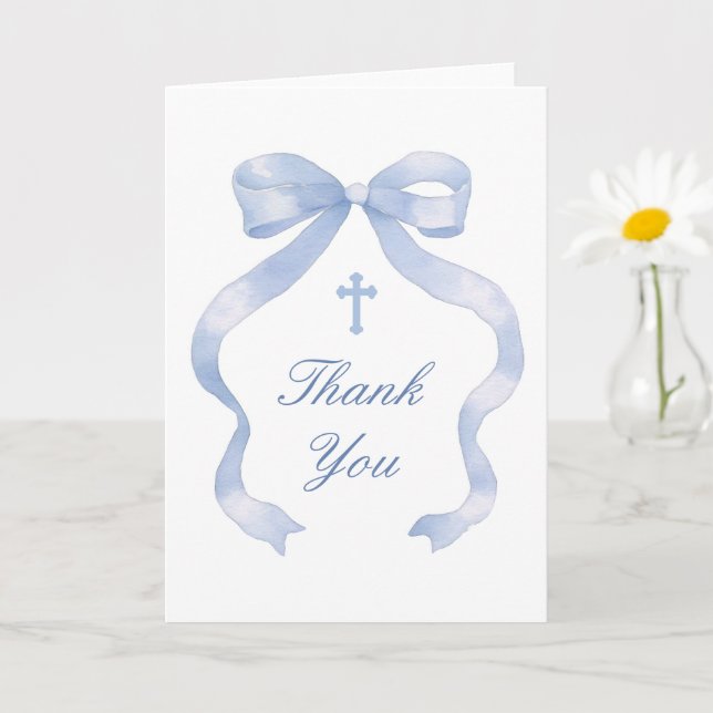 Elegant Blue Bow Holy Cross Religious Thank You Kort (Liten växt)