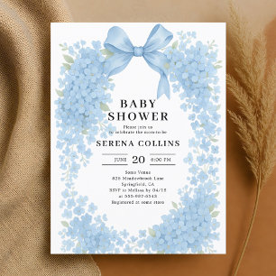 Elegant Blue Bow Hydrangea Baby Shower Vykort