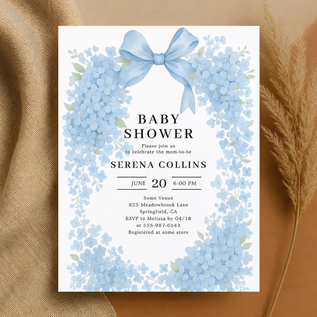 Elegant Blue Bow Hydrangea Baby Shower Vykort (Skapare uppladdad)
