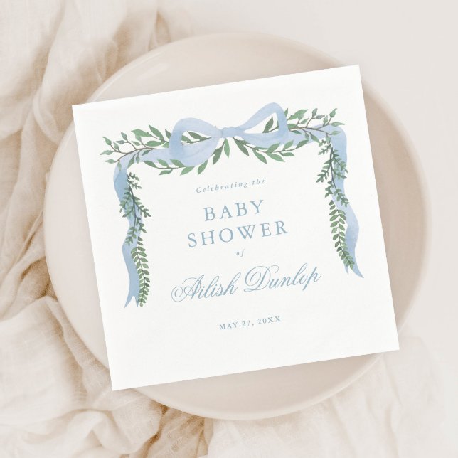Elegant Blue Bow med Greenery Boy Shower Pappersservett (Elegant blue bow greenery baby shower napkins.
)