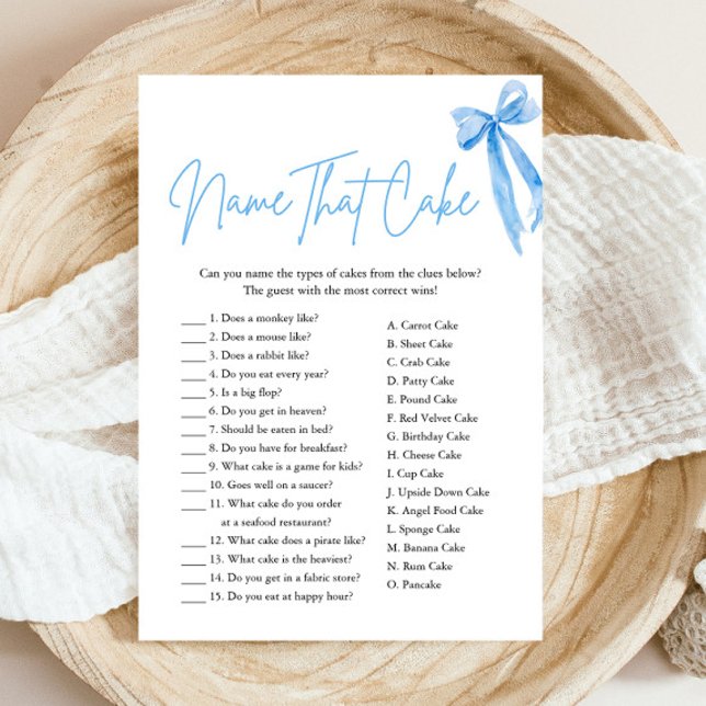 Elegant Blue Bow Namn som Möhippor kaka Inbjudningar (Modern Elegant Watercolor Blue Bow Name That Cake Bridal Shower Game)