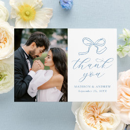 Elegant Blue Bow Photo Bröllop Tack Kort