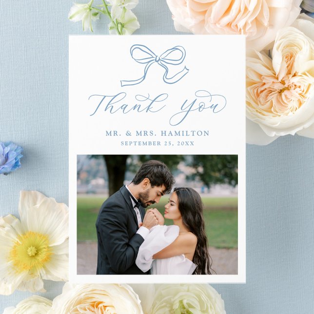 Elegant Blue Bow Photo Bröllop Tack Kort (Skapare uppladdad)