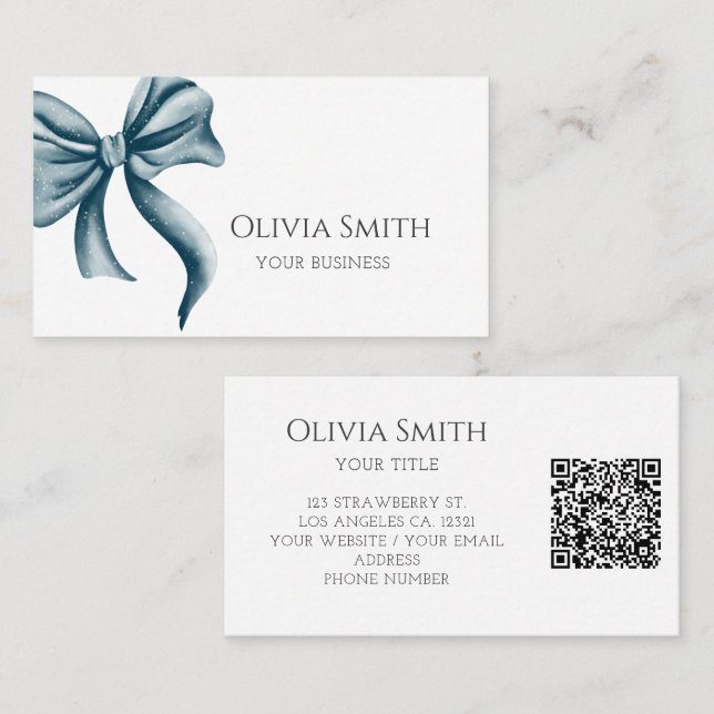Elegant Blue Bow QR Code Visitkort (Fram/baksida)