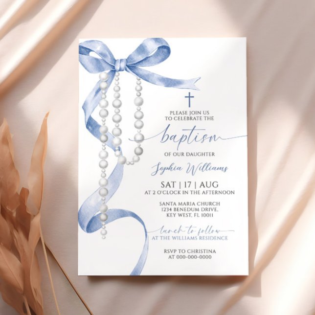 Elegant Blue Bow & Rosary Baptism Inbjudningar (Skapare uppladdad)