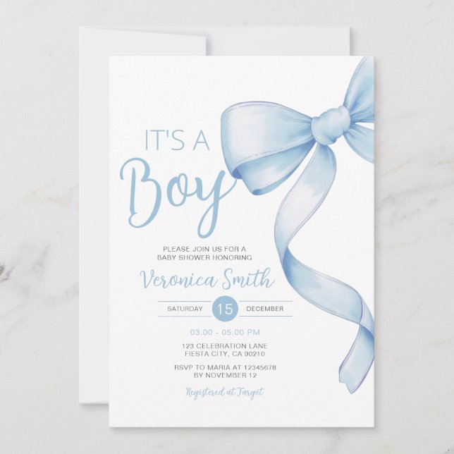 Elegant Blue Bow themed Girl Coquette Baby Shower Inbjudningar (Framsida)