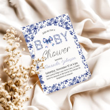 Elegant Blue Bow Toile de Jouy Blommigt Baby Showe