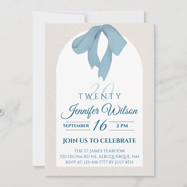 Elegant Blue Bow Twenty 20th Birthday Inbjudningar (Framsida)