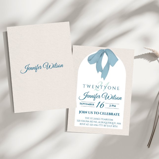 Elegant Blue Bow Twenty-One Birthday Inbjudningar (Skapare uppladdad)