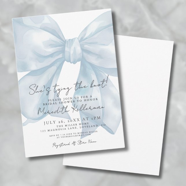 Elegant Blue Bow Whimsical Möhippa Inbjudningar (Elegant Blue Bow Whimsical Bridal Shower Invitation)