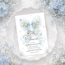 Elegant Blue Bow Wildflower Baby Shower Inbjudningar
