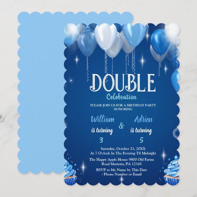 Elegant Blue Boys Dubbla Birthday anpassade Inbjudningar (Fram/baksida)