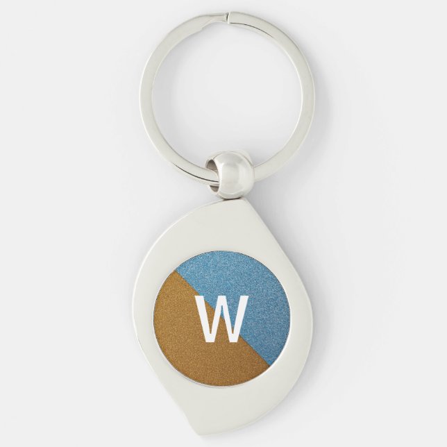 Elegant Blue &Brown Glitter Monogram Swirl Silverfärgad Nyckelring (Framsidan)