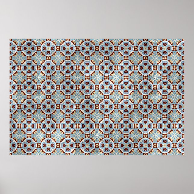 Elegant Blue Brown Mosaic Kaleidoscope Mönster Poster (Framsidan)