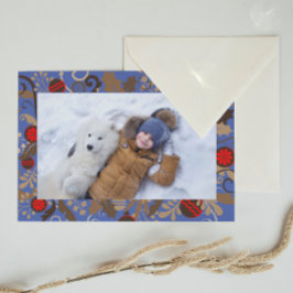 Elegant Blue & Brown Personalized Photo Christmas Vykort