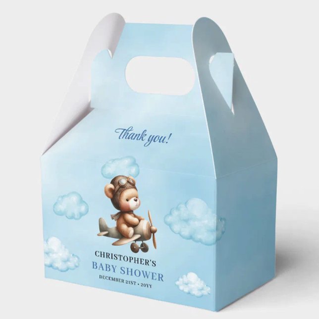 Elegant Blue Brown Teddy Bear Aviator Baby Shower  Presentaskar (Elegant Blue Brown Teddy Bear Aviator Baby Shower Favor Box

)