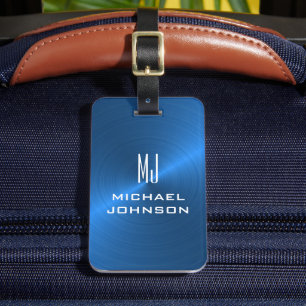 Elegant Blue Brushed Metallic Monogrammed Initial Bagagebricka