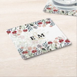 Elegant Blue Burgundy Blommigt Bröllop MONOGRAMMED Underlägg Papper Kvadrat