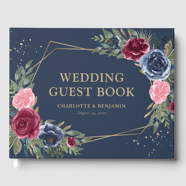 Elegant Blue Burgundy Guld Geometric Bröllop Gästböcker (Framsida)