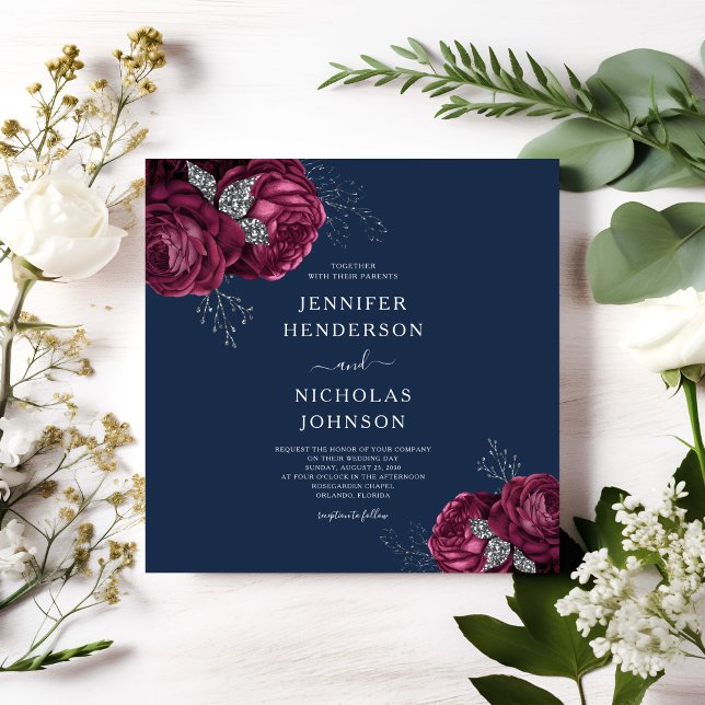 Elegant Blue Burgundy Red Blommigt Peonies Inbjudningar (Elegant Navy Blue Burgundy Red Floral Peonies Invitation)
