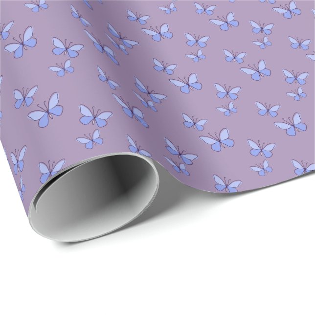 Elegant Blue Butterflies on Violet Presentpapper (Rullad Hörn)