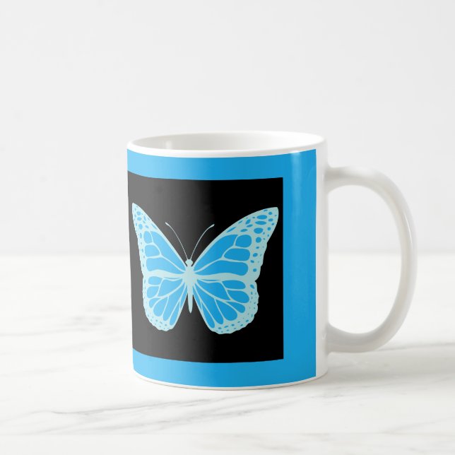 Elegant Blue Butterfly Black Background Kaffemugg (Höger)