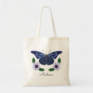 Elegant Blue Butterfly Blommigt Personlig Script Tygkasse