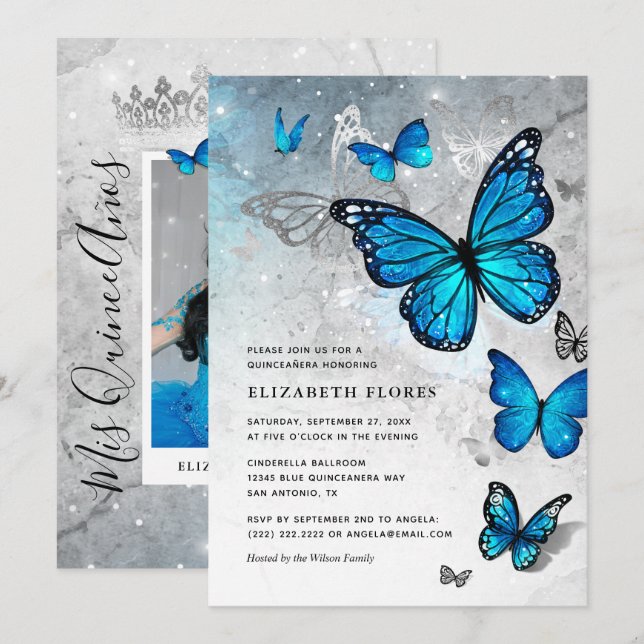 Elegant Blue Butterfly Cinderella Quinceanera Inbjudningar (Fram/baksida)
