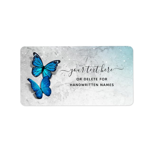 Elegant Blue Butterfly Guest Namn bricka Stickers Adressetikett (Framsidan)