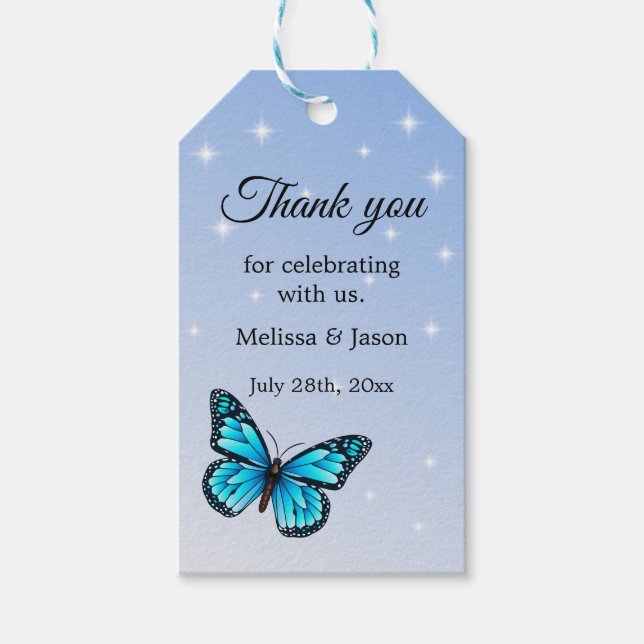 Elegant Blue Butterfly med Gnistra Presentetikett (Framsidan)