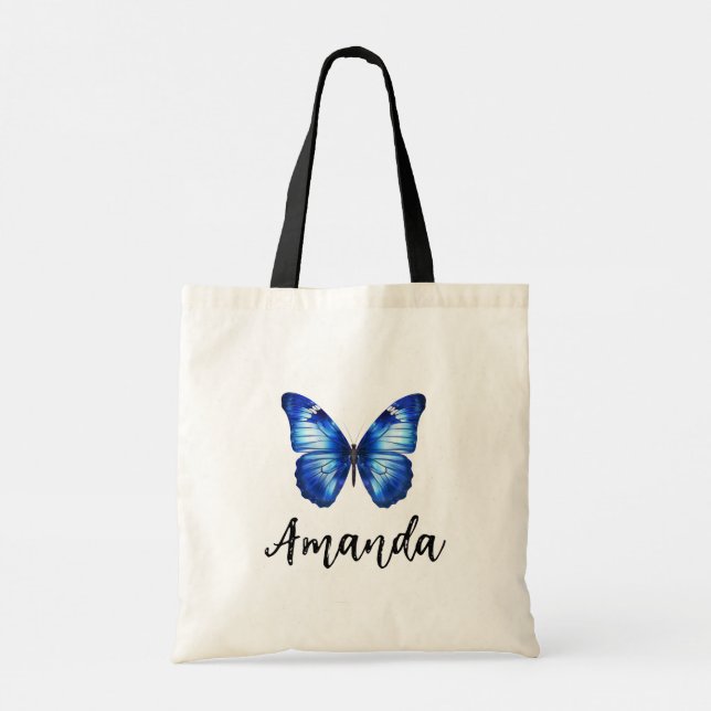 Elegant Blue Butterfly Namn Girly Tygkasse (Baksida)