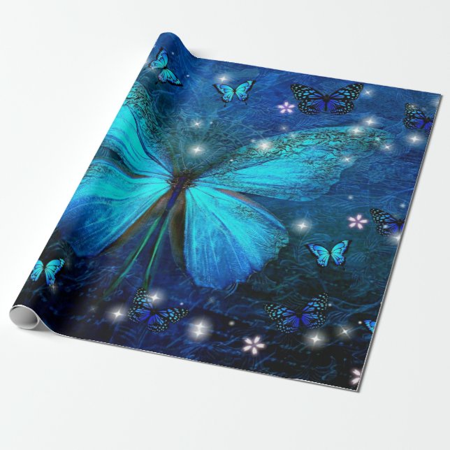 Elegant Blue Butterfly Presentpapper (Utrullad)
