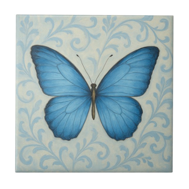 Elegant Blue Butterfly Vintage Ceramic Tile Kakelplatta (Framsidan)