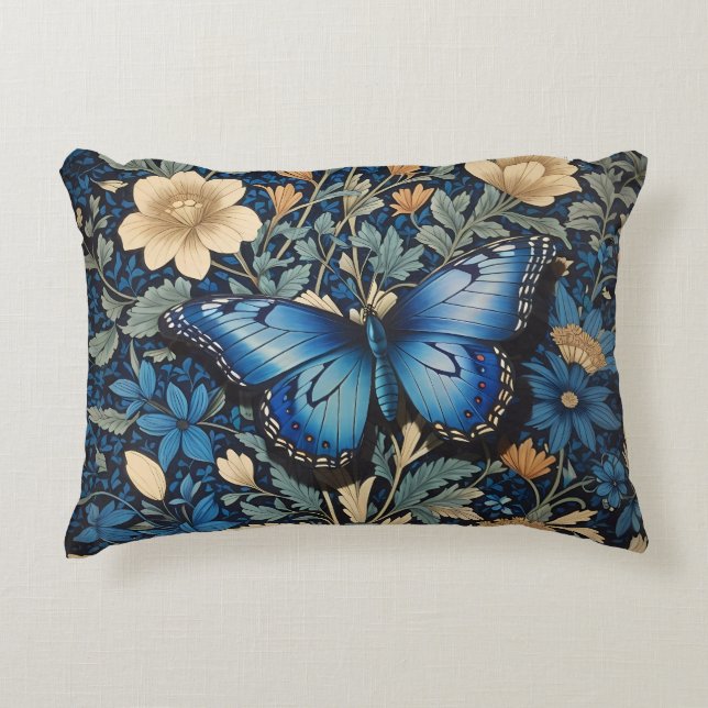 Elegant Blue Butterfly William Morris Inspired Prydnadskudde (Framsidan)