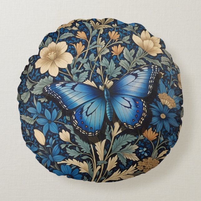 Elegant Blue Butterfly William Morris Inspired Rund Kudde (Framsidan)