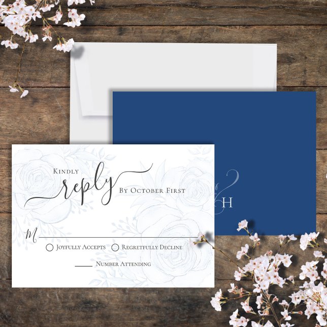 Elegant Blue Calligraphy Ampersand Guest OSA Kort (Classic blue floral reply RSVP card with monogram ampersand backside. )