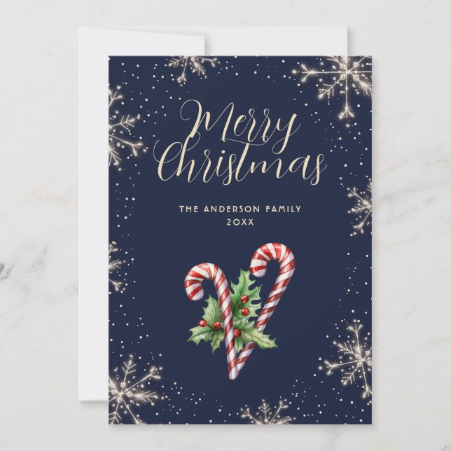 Elegant Blue Candy Canes Snowflakes Christmas Card Julkort (Framsida)