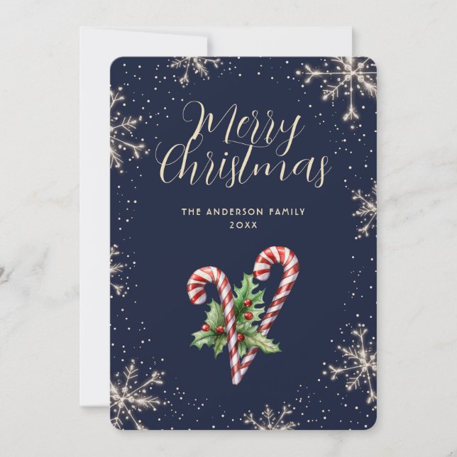 Elegant Blue Candy Canes Snowflakes Christmas Card Julkort (Framsida)
