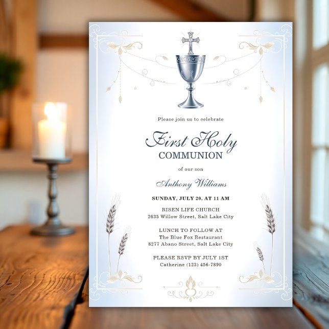 Elegant Blue Catholic Boy First Heliga Communion Inbjudningar (Elegant Blue Catholic Boy First Holy Communion Invitation)