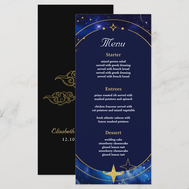 Elegant Blue celestial bröllop Meny (Fram/baksida)
