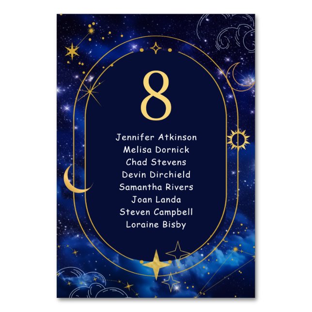 Elegant Blue celestial bröllop sittande Bordsnummer (Framsidan)